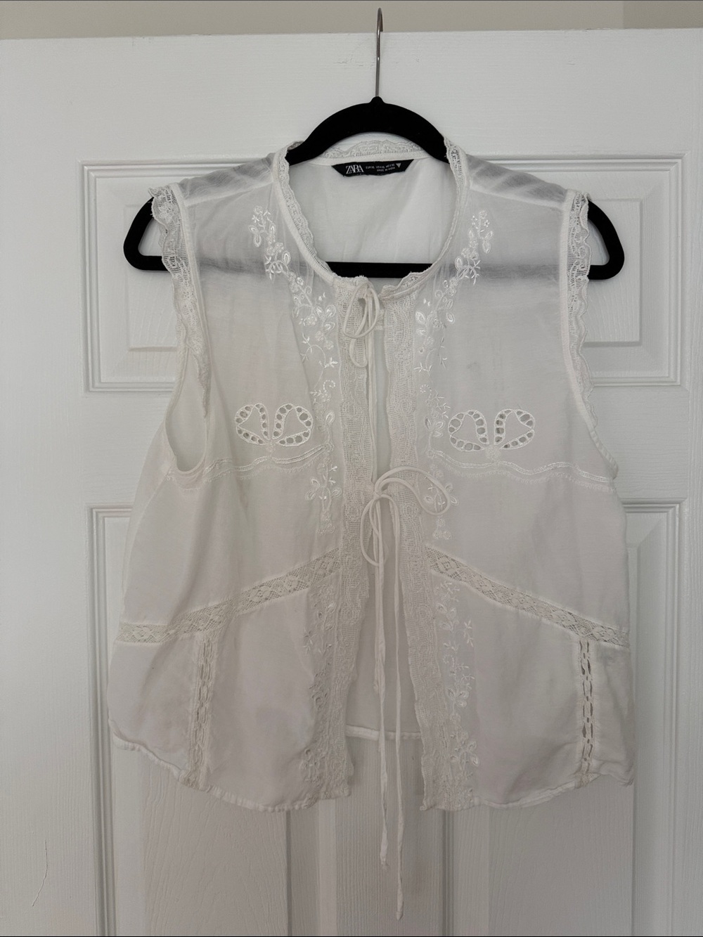 Zara White Embroidered Tie-Front Camisole